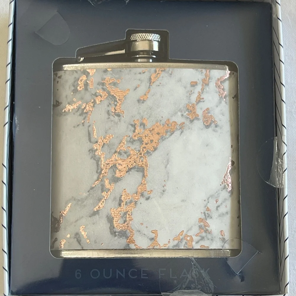 NIB Dabney Lee Flask 6 Oz Stainless Steel White W/Copper & Gray Marble Design - Picture 3 of 5